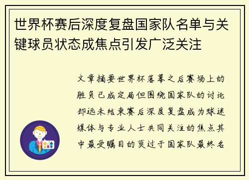 世界杯赛后深度复盘国家队名单与关键球员状态成焦点引发广泛关注